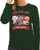 Bellatio Decorations Foute Kersttrui / sweater voor dames - We wish you - groen - kerst katjes - dieren L
