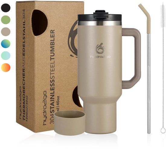 Hydro2go RVS Thermosbeker 1200 ml – 10u warm / 12u koud – met handvat & rietje – 100% lekvrij – Reisbeker