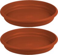 Hega hogar Set van 3x stuks bloempot/plantenpot terra cotta onderschaal/opvangbord kunststof diameter 34 cm