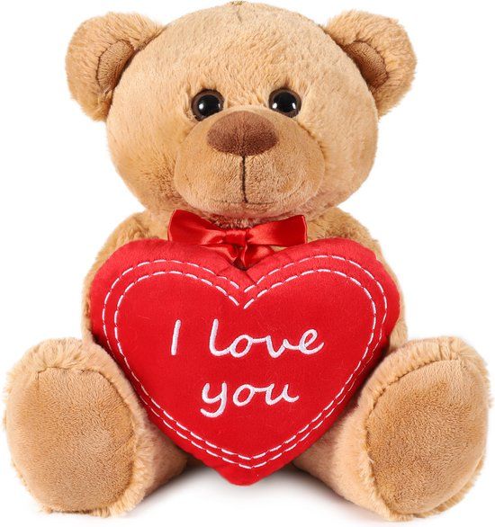 BRUBAKER Teddy Pluche Beer met Hart Rood - I Love You - 35 cm - Teddybeer Pluche Knuffelbeest - Bruin Lichtbruin - Cadeau