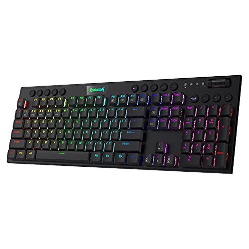 REDRAGON K618 Horus mechanisch RGB-toetsenbord, bluetooth/2,4 GHz/bekabelde tri-mode platte toetsen gaming-toetsenbord met draadloze verbinding, speciale mediabesturing en lineaire rode schakelaar