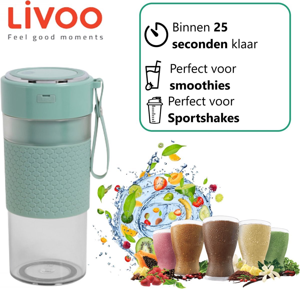 Livoo Draagbare blender - Mini blender - Sportshaker - Draadloos - USB Oplaadbaar - Blender to go - Fruit mixer - Blender beker - 300ml