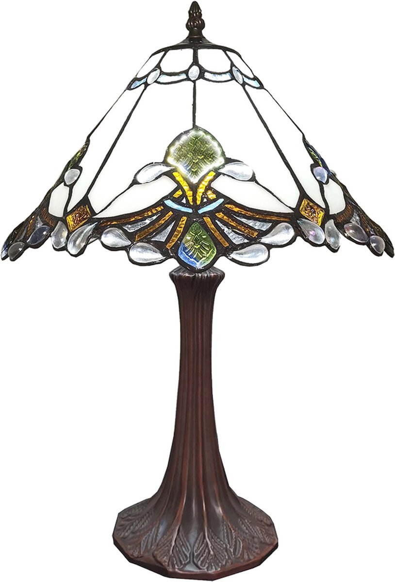 Lumilamp Tiffany Tafellamp Ø 31*49 cm E27/max 1*40W Wit Bruin Groen Glas Kunststof Tiffany Bureaulamp Tiffany Lampen