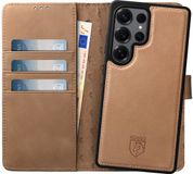 Rosso Elite Hoesje Geschikt voor Samsung Galaxy S24 Ultra | Compatibel met MagSafe | Book Case en Back Cover | Magnetisch Uitneembaar | Echt Leer Beschermhoes met Pasjeshouder | Lichtbruin