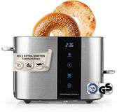 GOURMETmaxx Broodrooster korte sleuf voor 2 sneetjes | Roestvrijstalen broodrooster met 6 bruiningsstanden en Ready-2-eat-countdown | Elektrisch keukenapparaat met touchdisplay, broodjesopzetstuk en opwarmfunctie