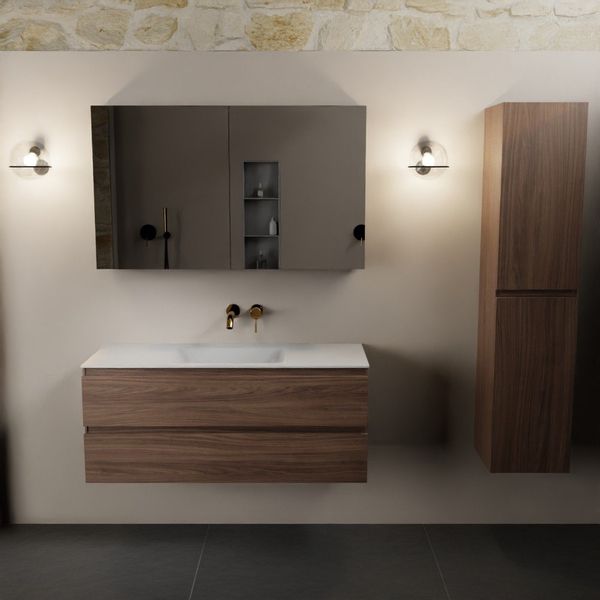 Mondiaz Aivy badmeubelset - 120x45x50cm - 0 kraangaten - 1 wasbak talc Solid surface - Midden - 2 lades - Met spiegelkast - Melamine Mocha