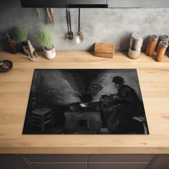 KitchenYeah® Inductie beschermer 71x52 cm - Boerin bij het haardvuur - Vincent van Gogh - Zwart - Wit