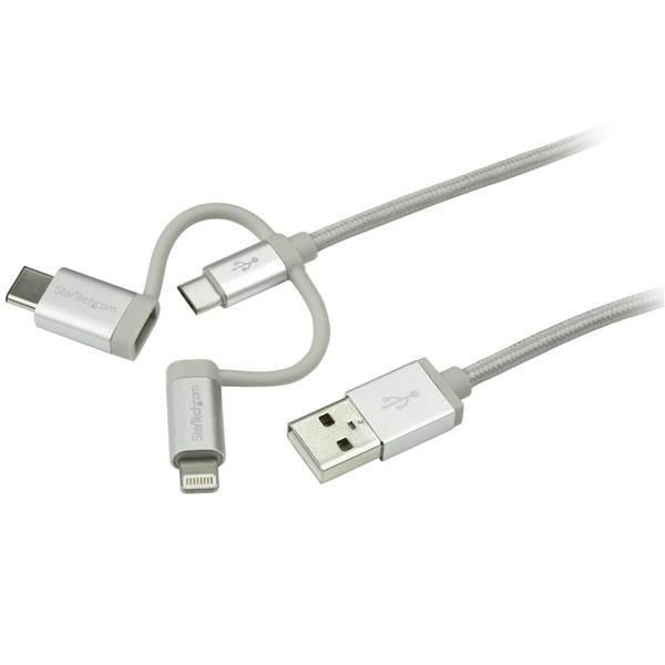 StarTech.com USB oplaadkabel - USB naar Lightning / USB-C / Micro-B - 1 m - Zilver