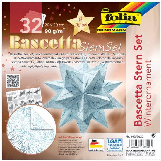 Folia Bascetta-ster vouwbladen, rood/bedrukt, 200 x 200 mm, 90 g/m2, 32 vel