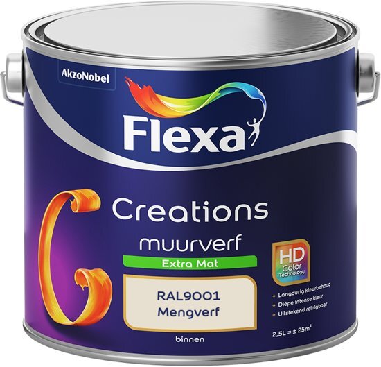 FLEXA Creations Muurverf - Extra Mat - Mengkleuren Collectie - RAL9001 - 2,5 liter