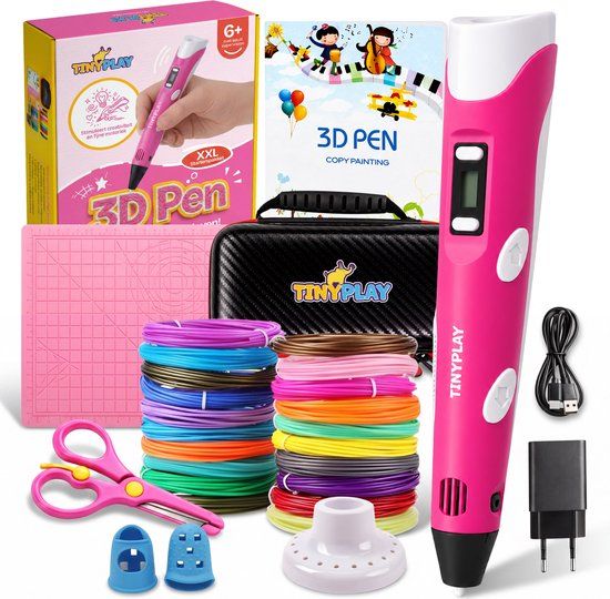 TinyPlay 3D Pen Starterspakket XXL - 3D tekenen - 100m Vullingen PLA Filament 1.75 mm - 3d pennen tekenset - Voor kinderen - Sjablonen boek - Opbergcase en tekenmat - Donkerroze