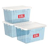 Cetomo 15L x 3 opbergdozen met deksels, plastic opbergdoos met veilige zijvergrendelingen, PP nestbare en stapelbare doorzichtige organizer voor thuis, kantoor, verhuizen, transparant blauw, 15L-3