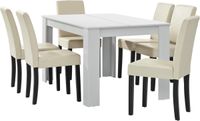 [en.casa] Eettafel wit, mat, met 6 stoelen, bekleed met crèmekleurig kunstleer. Afmetingen: 140x90 cm. Eetset voor de eetkamer