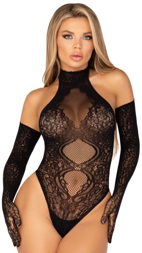 Leg Avenue - 2Piece Set Teddy and Gloves Lingerie set - Zwart