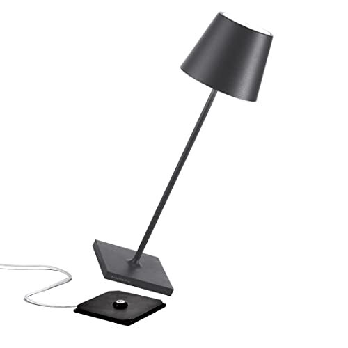 Zafferano [Amazon Exclusive] Poldina Pro, Draadloze LED Tafellamp Oplaadbaar, Touch-Dimmer, IP65 Binnen/Buitengebruik, Lange Levensdruu, Aluminium, H38cm, met USB-Multi-Oplader (EU,VK,VS) Donker Grijs