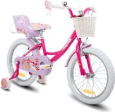 HILAND Joystar vélo enfant 18 pouces pour filles, avec siège pour poupée, roues stabilisatrices, panier, garde-boue et freins en V, de couleur magenta