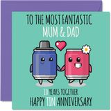 Leuke tinnen verjaardagskaart voor mama en papa - 10 jaar samen - Gelukkige 10e huwelijksverjaardag kaarten voor papa moeder, 145 mm x 145 mm wenskaarten voor tiende jubilea