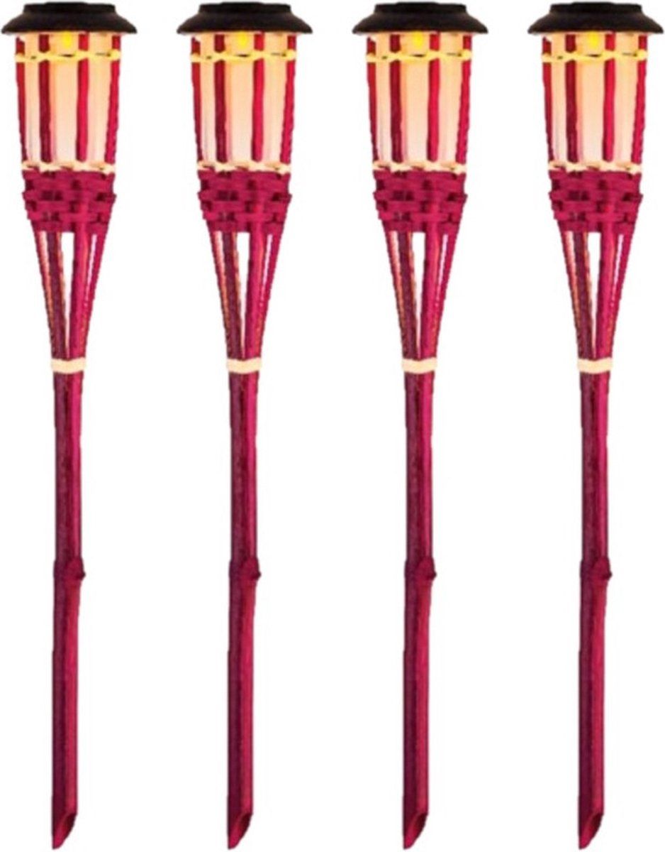 Lumineo 4x Roze Led Solar Fakkel Bodi 54cm - Bamboe - Tuinverlichting