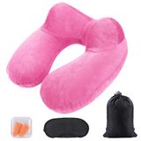 AiQInu Opblaasbaar nekkussen, ergonomisch compact, snel nekkussen, opblaasbaar met wasbare kussensloop, voor reizen met de auto, vliegtuig, trein, kantoor, familie, roze, Large