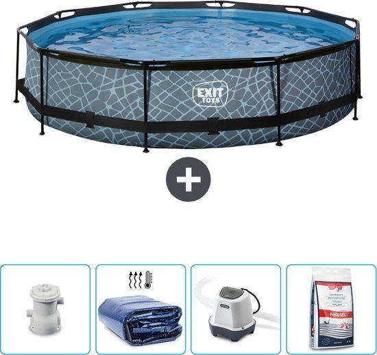 EXIT Rond Stone Frame Zwembad - 360 x 76 cm - Grijs - Inclusief Pomp, Solarzeil & Zoutwatersysteem