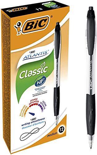 BIC Atlantis Classic Ballpoint Pens with Click System Medium Point (1.0 mm) - Black, Box of 12