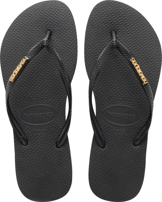 Havaianas Slim Logo Metallic Teenslippers Dames Zwart/Goud Maat 35/36