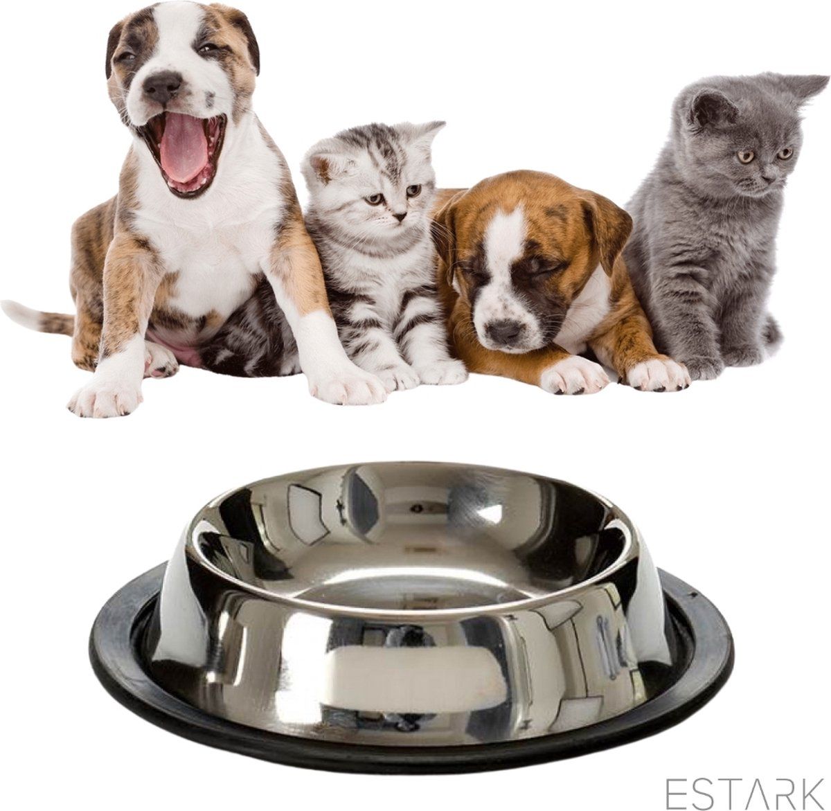 ESTARK Voerbak - Waterbak - Hond - Kat - Drinkbak - Voederbak - Antislip Rubber - Zilver - 16cm