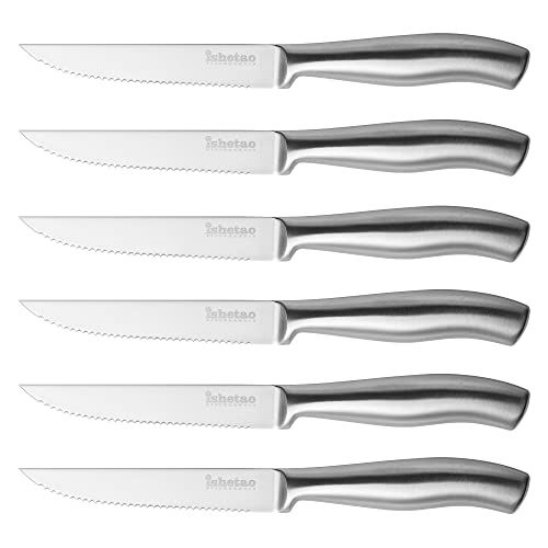 isheTao Steakmessen, set van 6, Koolstofrijk Roestvrij Staal, Vaatwasmachinebestendig, 23,5 cm