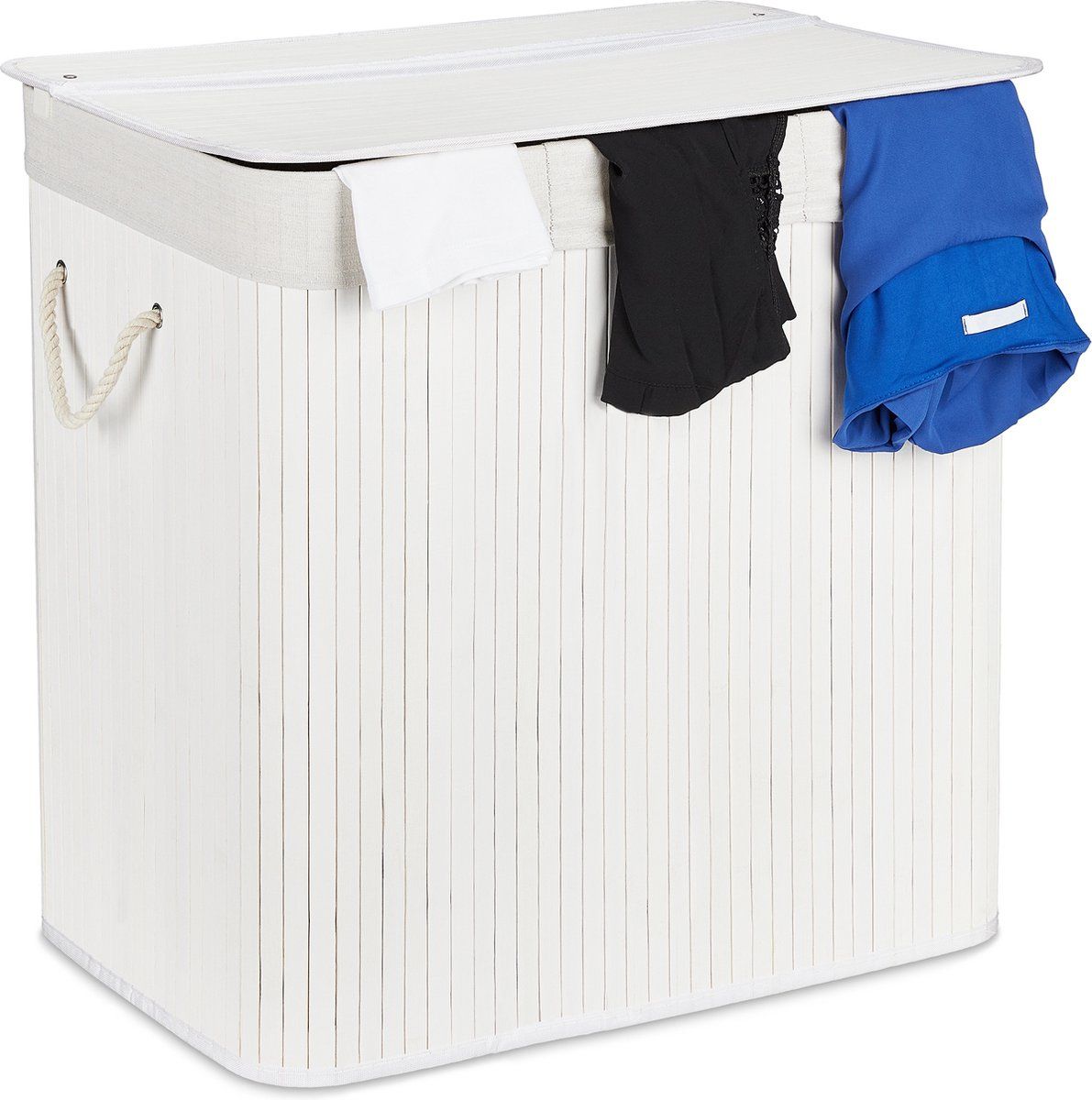 Relaxdays wassorteerder - 3 vakken - wasmand - met deksel - wasgoedsorteerder - bamboe - wit