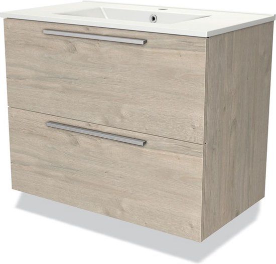 Maxaro Modulo Badkamermeubel 80cm Lichtgrijs Eiken Keramiek Wastafel 2 Lades