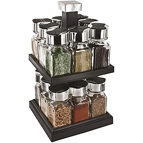 CMP Rangement Support Porte Epices Carrousel Distributeur Tournant Carre Rotatif Plastique Noir Transparant - Hauteur 29x16x16 cm