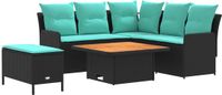 vidaXL Hoekbank met hocker loungeset van polyrattan met 4 zitplaatsen, zwart en turquoise