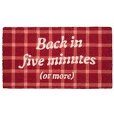 Fisura Tapis de porte "Back in Five Minutes" en fibre de coco avec dessous antidérapant en PVC, tapis de porte intérieur, rouge et rose, peint à la main, tapis d'entrée avec forme amusante, 70 x 40 cm