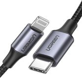 Ugreen USB-C naar Lightning kabel MFi gecertificeerd nylon PD oplader 1 meter zwart-zilver