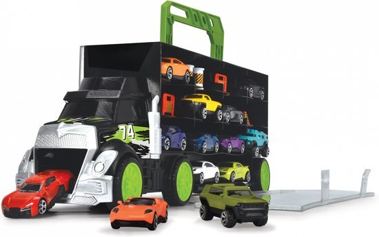 Dickie Toys Carry & Store Transporter speelgoedvrachtwagen voor het opbergen van 28 speelgoedauto's, incl. 4 auto's, incl. accessoires, met oprijplaat, voor kinderen vanaf 3 jaar, zerowaste verpakking