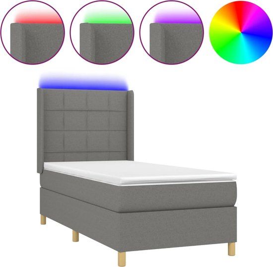 vidaXL Boxspring met matras en LED, stof, donkergrijs, 90x200 cm