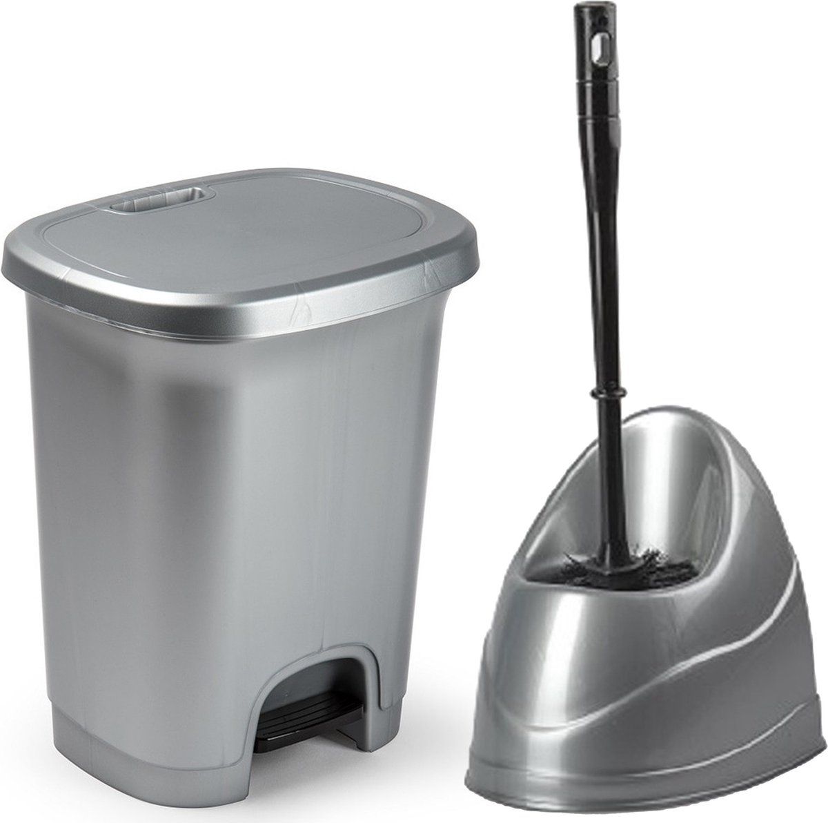 Forte Plastics WC-/toiletborstel houder - zilver - pedaalemmer 8L