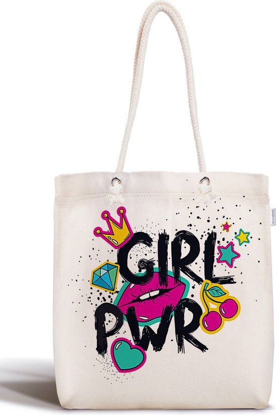 Schoudertas Girl Power Canvas 45x50cm - Strandtas met Rits - Zwart/Rood/Wit - Unisex