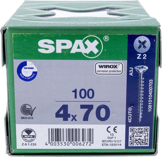 Spax Spaanplaatschroef Verzinkt PK 4.0 x 70 mm - 100 stuks