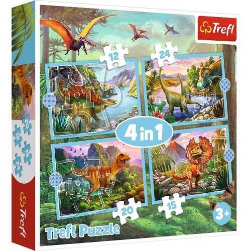 Trefl - Unieke Dinosaurussen 4 In 1 Puzzel, 4 Puzzels, Van 12 Tot 24 Stukjes Puzzel Met Dinosaurussen, Verschillende Moeilijkheidsgraden, Amusement, Voor Kinderen Vanaf 3 Jaar