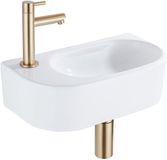 QeramiQ Fuente Fonteinset - 40x21.5x12cm - links - glad - halfrond - 1 kraangat - keramiek - fonteinkraan geborsteld messing - afvoerplug - verlaagd sifon - wit glans