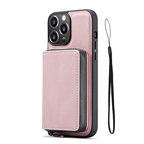 MMYANG Afneembare Lederen Cover Voor iPhone 13, 12, 11 Pro Max Mini Case Portemonnee Rits Portemonnee Kaarthouder Magnetische Draadloos Opladen - Roze