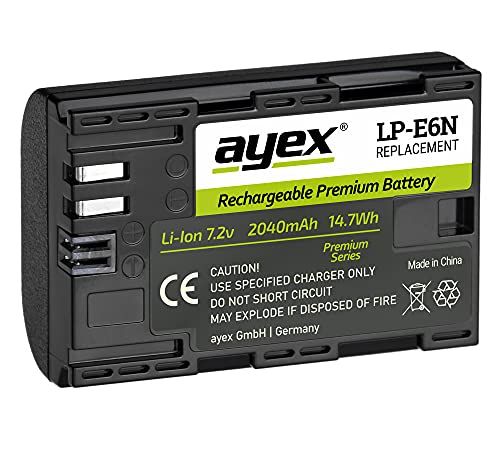 ayex LP-E6N premium batterij - compatibel met Canon EOS R, R5, R6, 5D Mark II, III, IV, 5DS R, 7D, 6D - 2040 mAh