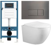 Adema Salina 2.0 Toiletset - 48.5x36x32cm - diepspoel - spoelrandloos - QeramiQ inbouwreservoir - softclose - quickrelease - toiletzitting - gunmetal metalen bedieningsplaat - rechthoekige knoppen - wit