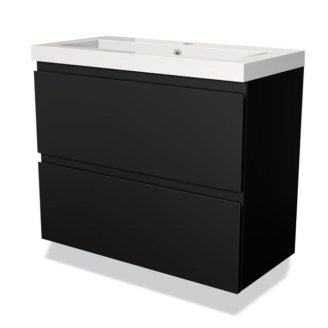 Maxaro Badkamermeubel 80cm Modulo Slim Mat Zwart 2 Lades Greeploos Wastafel Mineraalmarmer