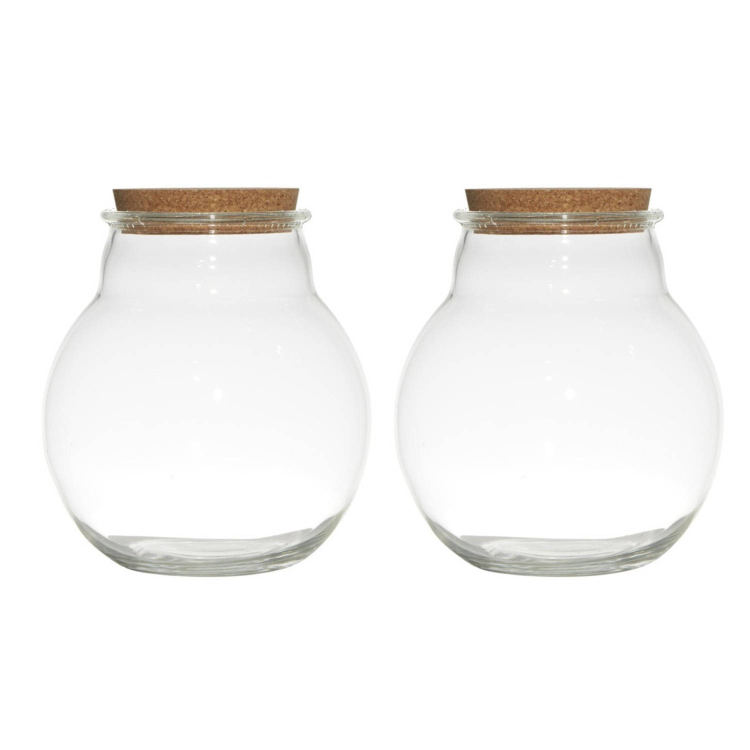 Bellatio Design Set van 2x stuks glazen voorraadpotten/snoeppotten/terrarium vazen van 19 x 21.5 cm met kurk dop - Bewaarpot/Opslagpot