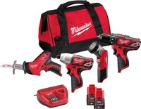 Milwaukee M12 BPP4A-202B Powerpack M12BDD Boormachine + M12BID Slagschroevendraaier + C12HZ Reciprozaag + M12 TLED Lamp 12V 2.