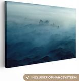 OneMillionCanvasses Canvas schilderij - Mist - Bomen - Berg - Blauw - 180x120 cm
