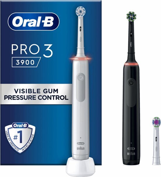 Oral-B Pro 3 3900 dubbele elektrische tandenborstels met 360° drukcontrole voor tandvleesbescherming, 3 poetsmodi, 3 opzetborstels, wit/zwart