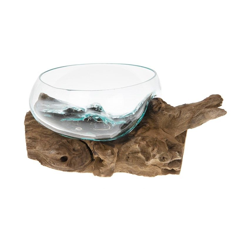Handgeblazen Glazen Vaas Op Drijfhout - Ca. 33x23x18cm